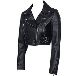 Chic Black Cropped Leather Biker Jacket - Infinity